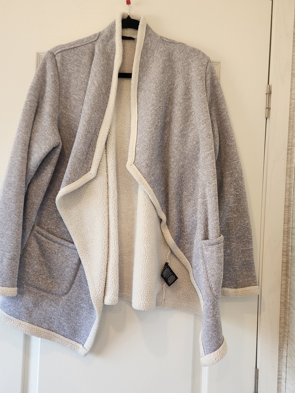 Swiss Tech Open-Front Teddy Jacket - Light Gray & Cream XL Euc